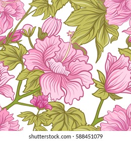 Seamless pattern with pink peony in Japanese style. Vector stock illustration.