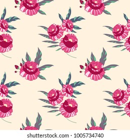 Seamless pattern with pink peony on a beige background. Vector image in the style of hand-drawn.