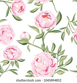 seamless pattern  with pink peony  on white background. Romantic design for natural cosmetics, perfume, women products. Can be used as greeting card or wedding background
