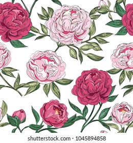 seamless pattern  with pink peony  on white background. Romantic design for natural cosmetics, perfume, women products. Can be used as greeting card or wedding background