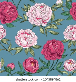 seamless pattern with pink peony on blue background. Romantic design for natural cosmetics, perfumes, women's goods. Can be used as a greeting card or wedding background
