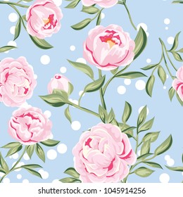 seamless pattern with pink peony on blue background. Romantic design for natural cosmetics, perfumes, women's goods. Can be used as a greeting card or wedding background


