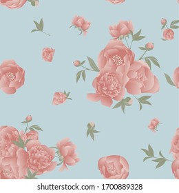 seamless pattern pink peony on blue background