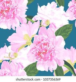 Seamless pattern with pink peony  and tropical leaves on blue background. Vector illustration. Watercolor style