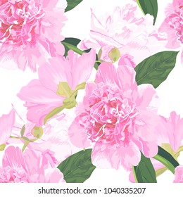 Seamless pattern with pink peony  and tropical leaves on blue background. Vector illustration. Watercolor style