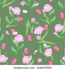 Seamless pattern with pink peony and tulip flowers on a green background. Soft delicate botanical floral print with garden plants. Vector graphics in vintage natural style for fabric, paper wrapping