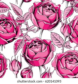 Seamless pattern with a pink peony-shaped rose, bud and leaves. Vector illustration.
