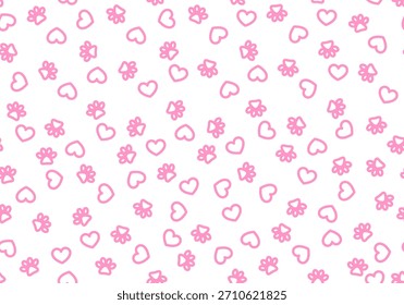 Seamless pattern with pink pet pawprints and hearts. Heart and animal paw seamless pattern