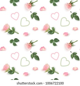 Seamless pattern with pink photo realistic roses, petals, hearts, leaves on a light background. Elegant luxury vector background for design to the Valentines Day, wedding, mothers day, womens day.
