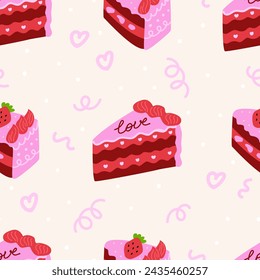 Seamless pattern of pink pieces of cakes with lettering love. Vector flat background. Birthday holiday concept. Red velvet bento cake