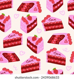 Seamless pattern of pink pieces of cakes with strawberries and word love. Vector flat background. Birthday holiday concept. Red velvet bento cake	