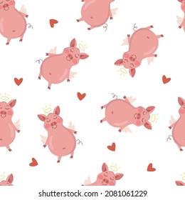 Seamless pattern with pink pig angel and halo