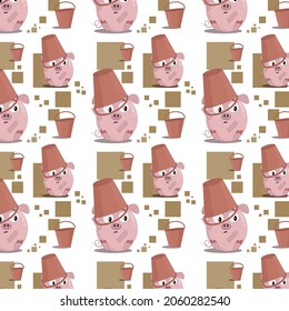 seamless pattern of a pink pig with a bucket bucket on his head on a background of gray-green squares
