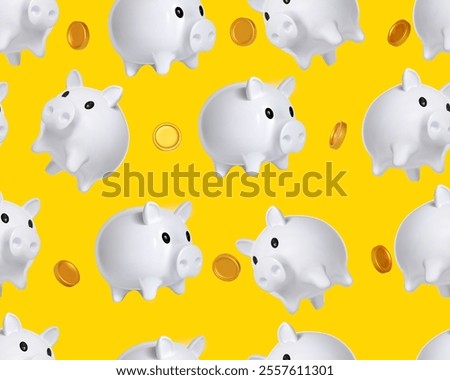 Seamless pattern pink piggy banks on a yellow background. White 3d pig. Vector concept of saving money, savings, pattern. Investments and saving money backdrop, finance decor, vector endless print.