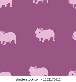 Seamless pattern of pink pigs on a purple background