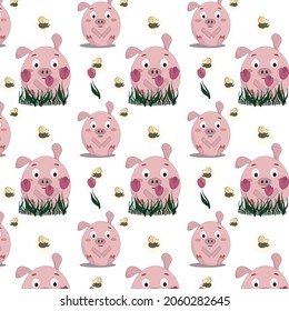 seamless pattern of pink pigs sitting in pink tulips with fireflies