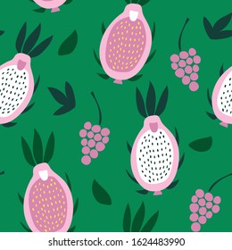 Seamless pattern of pink pitaya and grapes on a green background.