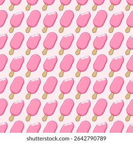 Padrão sem emenda de pixel cor-de-rosa arte sorvete em uma vara. Fundo de verão repetitivo bonito para têxteis, embalagens e design digital. Retro 8-bit estilo vetor ilustração de sobremesa doce.