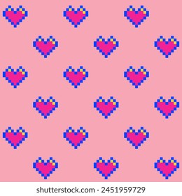 Patrón sin fisuras de corazones de píxeles rosados con un contorno azul sobre un fondo rosado, 8 bits