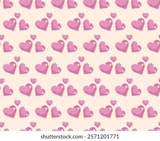 Seamless pattern of pink pixelated hearts on a light yellow background. Perfect for textile designs such as clothing, curtains, or bedding, wrapping paper, gift bags, or festive packaging, wallpaper.