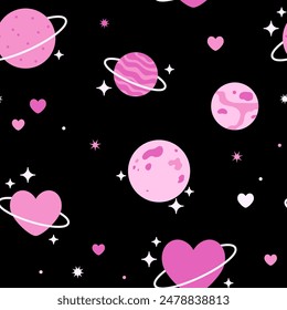 Seamless pattern with pink planet on dark background. Hand drawn vector texture for print, textile, fabric.