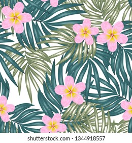 Seamless pattern with pink plumeria frangipani flowers and palm leaves. Tropical exotic plant repeat pattern with beautiful flower and leaf. Great for textile, fabric, wallpaper, wrapping, surface.