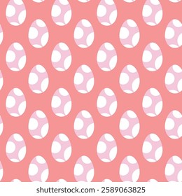 Seamless Pattern with Pink Polka Dot Egg Designs for Easter Themes. Easter-inspired seamless pattern featuring pink and white intricately designed polka dot eggs, perfect for festive decorations 