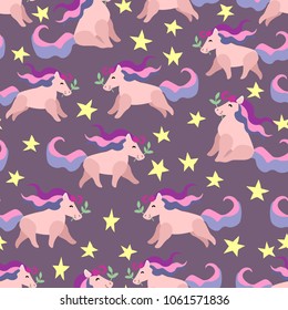 seamless pattern of pink ponies on a purple background