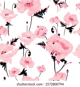 Seamless pattern with pink poppy flowers