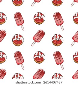 Seamless Pattern with Pink Popsicles and Glazed Donuts