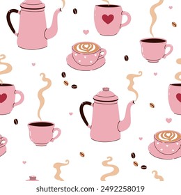 Seamless pattern with pink pots and coffee cups. Vector graphics.