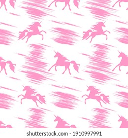 Seamless pattern with pink prancing and flying unicorns on a white background. For the design of wrapping paper, textiles. Silhouette of a flying, jumping unicorn.