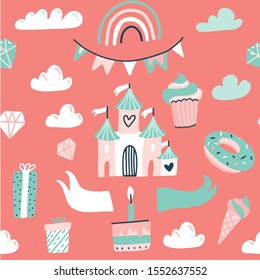 Seamless pattern with pink princess castle, flag garland, sweets and raindow. Flat hand drawn doodle illustration