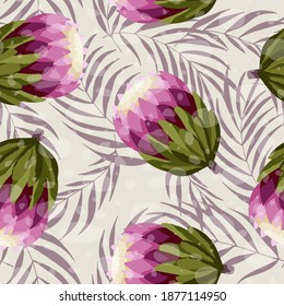 Seamless pattern of pink protea flower and tropical leaves. Design for printing, wallpaper, fabric, textiles, banner.