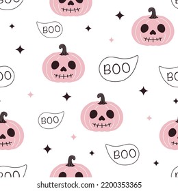 seamless pattern with pink pumpkins, stars and inscription boo, cute cartoon design for wallpaper, prints, textile, wrapping