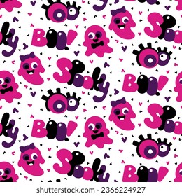 Seamless pattern in pink, purple, black colors for Halloween. Ghost, girl, boy, creepy, crazy eyes and hearts on a white background vector illustration in cartoon style. Holiday packaging, party