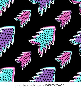 seamless pattern with pink, purple and blue arrows on a black background with dots and stars