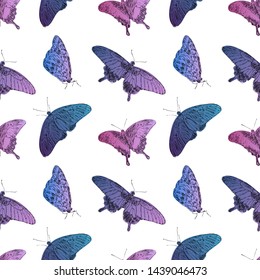 Seamless pattern with pink and purple butterflies on white background