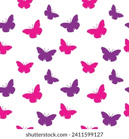 Patrón inmaculado de mariposas rosadas y púrpura sobre un fondo blanco.
