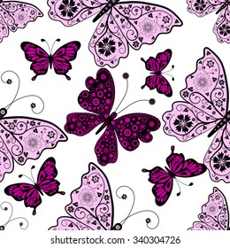 Seamless pattern with pink and purple butterflies, vector eps 10