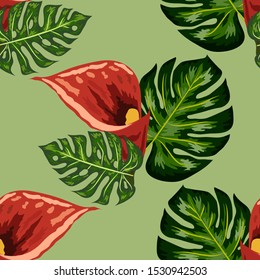 Seamless pattern with pink and purple calla lilies, illustration.