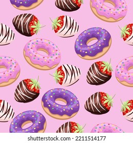 Seamless pattern of pink and purple donuts and chocolate-covered strawberries on a pink background.Vector appetizing pattern for pastry shops, bakeries,textiles,postcards.
