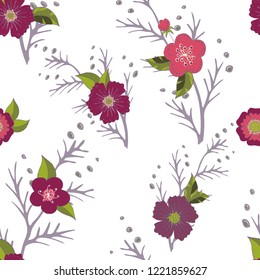 Seamless pattern with pink and purple flowers romantic elements. Endless color floral texture for design