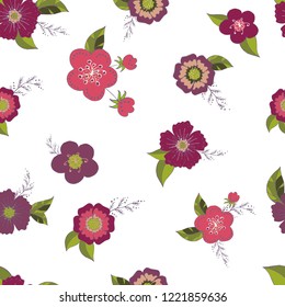 Seamless pattern with pink and purple flowers romantic elements. Endless color floral texture for design