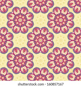 seamless pattern with pink and purple flowers on a yellow background. vector illustration