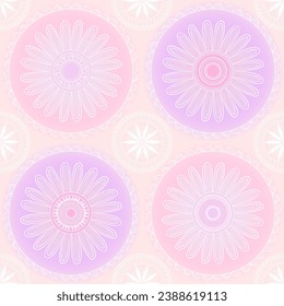 Patrón sin foco con flores rosadas y violetas y mandalas dibujadas a mano. Ilustración del vector