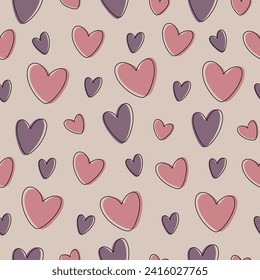 Seamless pattern with pink and purple hearts on an almond color background