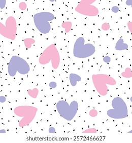 Seamless pattern pink and purple hearts on dots and dashes, white background