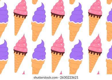 Seamless pattern of pink and purple ice cream cones with swirl tops on white background, great for fun and colorful dessert themes