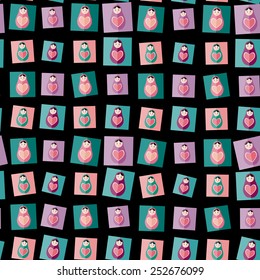Seamless pattern pink, purple, orange, teal Russian dolls matryoshka on black background. Vector